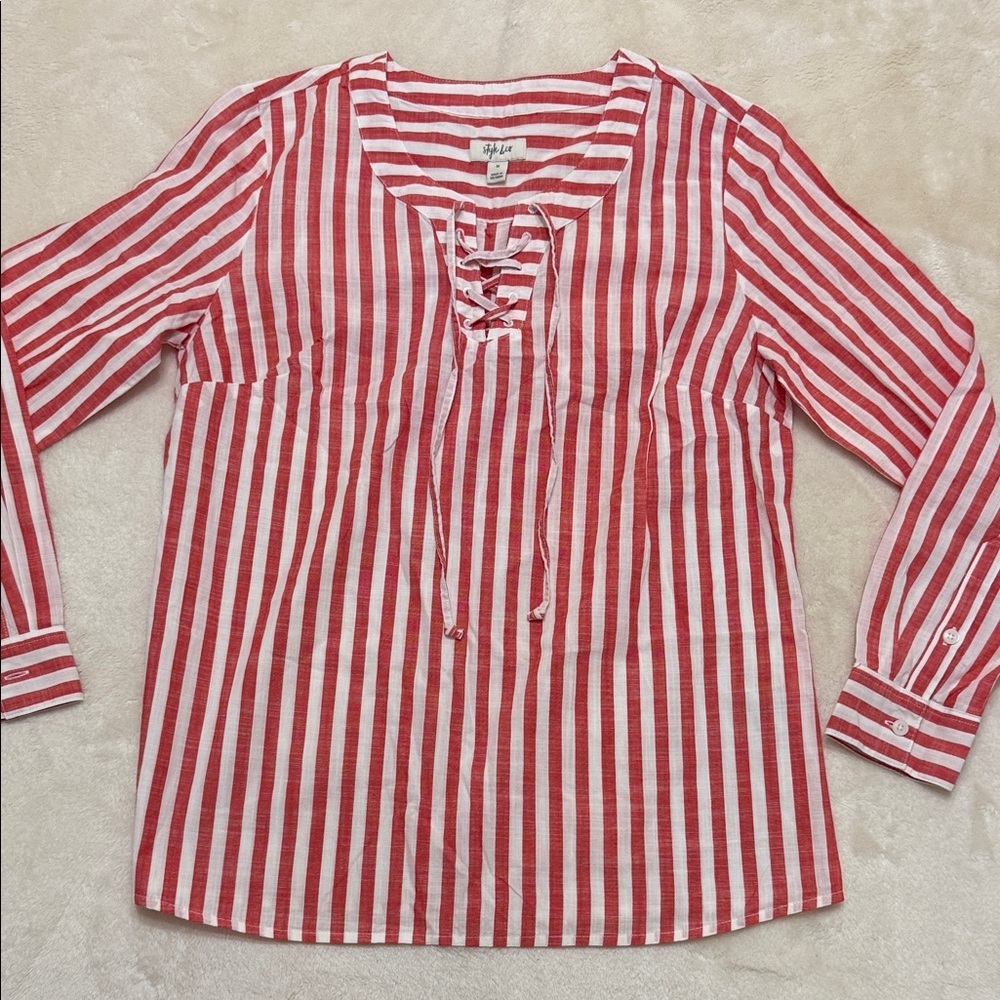 Style & Co. Red and White Striped Blouse Medium M